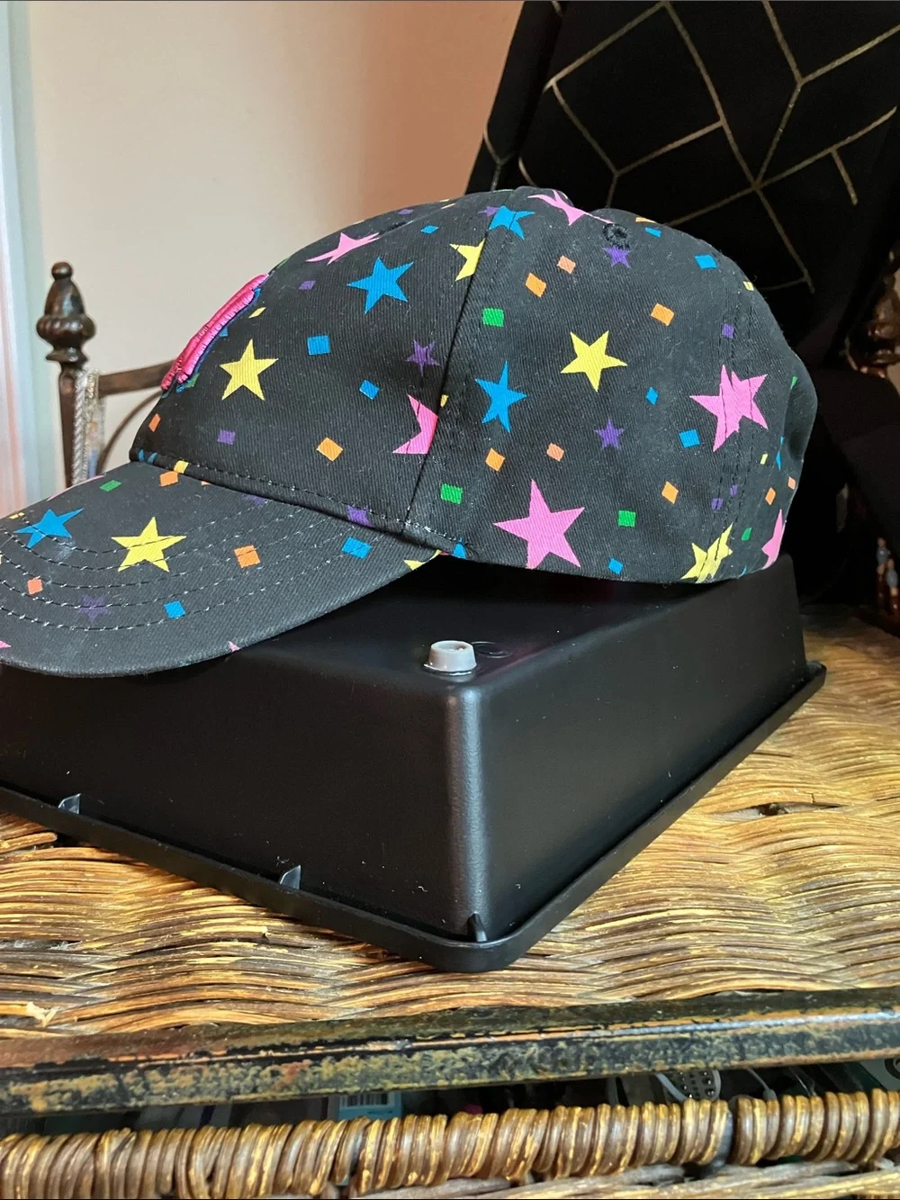 Kids Black Cap with Multicolor Stars & Pink-Blue Logo & FREE lip balm & bracelet